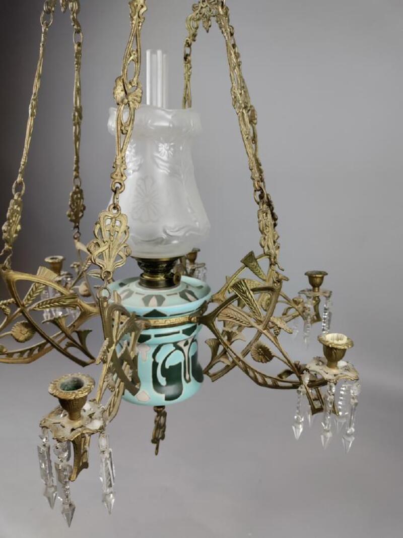 Lampa majolika wisząca klosz, świeczki z polowy XIXw